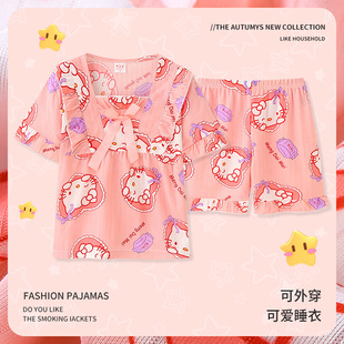 hellokitty睡衣女童夏季短袖方领娃娃领大童2024公主家居服套装薄