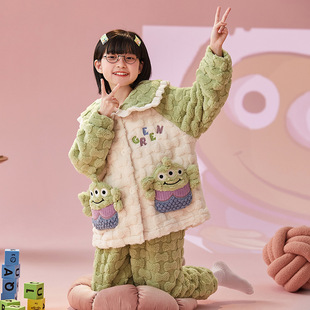 三眼仔秋冬女童加绒睡衣珊瑚绒加厚卡通家居服套装大童亲子装2023