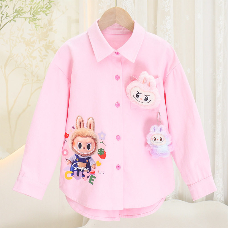 拉布布粉色玩偶衬衫外套女童2025秋冬labubu长袖纽扣衬衣上衣薄款