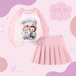 拉布布长袖纯棉女孩T恤百褶裙套装洋气两件套labubu 2025春秋新款