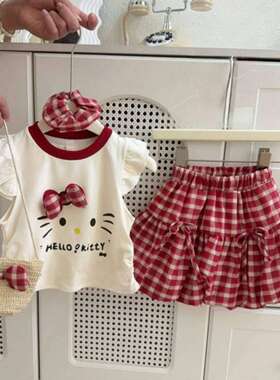 hellokitty童装短袖格子花苞短裙 2025卡通小飞袖T恤纯棉宝宝夏装