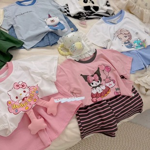 hellokitty纯棉圆领短袖T恤短裤套装kuromi洋气女童2025夏季新款