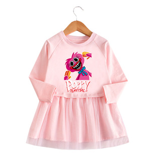 poppy波比粉色大蓝猫长袖纱裙纯棉春秋2022 卡通百褶公主裙中小童