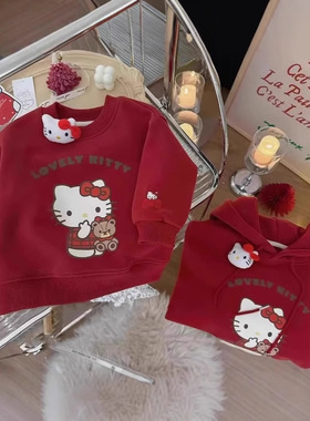 hellokitty女童红色加绒卫衣2025秋冬喜庆拜年服宝宝圆领长袖上衣