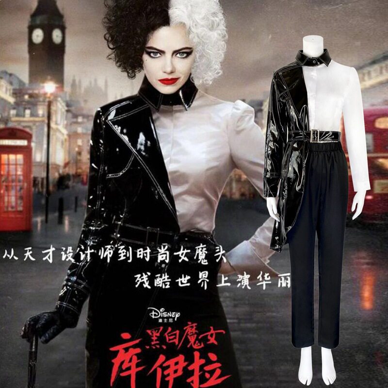 电影101忠狗黑白魔女库伊拉cosplay万圣节长袖长裤套装舞台表演服