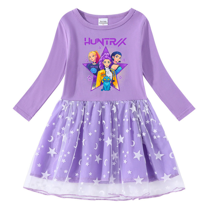 Kpop猎魔女团长袖网纱裙公主连衣裙女童2026卡通春秋薄款纯棉裙子