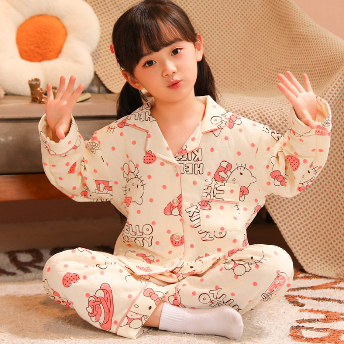 hellokitty女童夹层仿棉开衫睡衣亲子秋冬加厚保暖翻领套装家居服