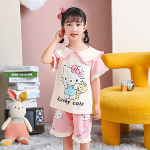 hellokitty亲子女童睡衣凯蒂猫夏季短袖精梳棉中大童公主领家居服