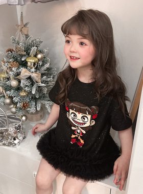 Nezha哪吒短袖t恤裙黑色夏季2025新款卡通休闲洋气中大童连衣裙薄