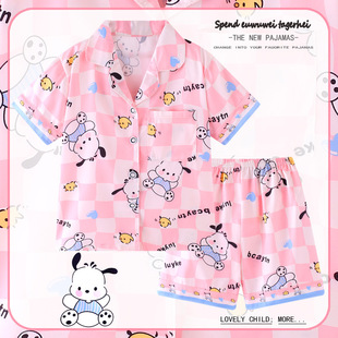 pochacco睡衣女童卡通翻领开衫短袖短裤冰丝大童家居服薄2024夏季
