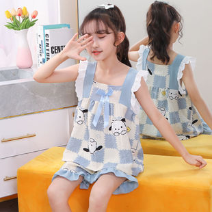 Pochacco女童背心吊带睡衣2023夏季帕恰狗泡泡皱布短袖卡通家居服