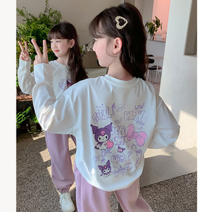 kuromi衣服女童长袖白色T恤春装 2025新款打底衫洋气印花上衣纯棉