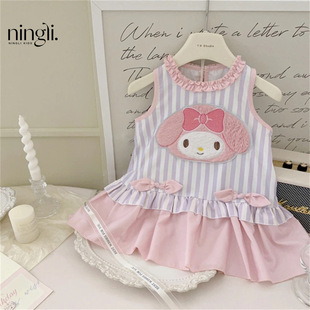 melody毛绒公仔女童连衣裙2025夏季宝宝蝴蝶结条纹粉色无袖蓬蓬裙