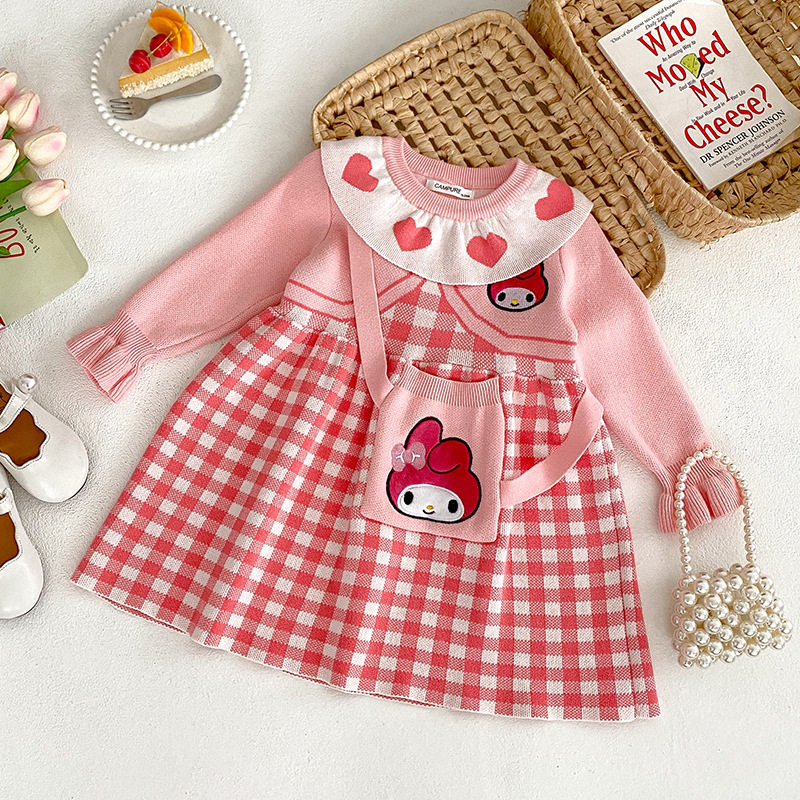 美乐蒂粉色毛衣裙公主裙女童2024秋冬连衣裙melody长袖格子针织裙