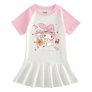 美乐蒂纯棉短袖女孩连衣裙撞色女宝宝洋气百褶裙melody中小童夏季