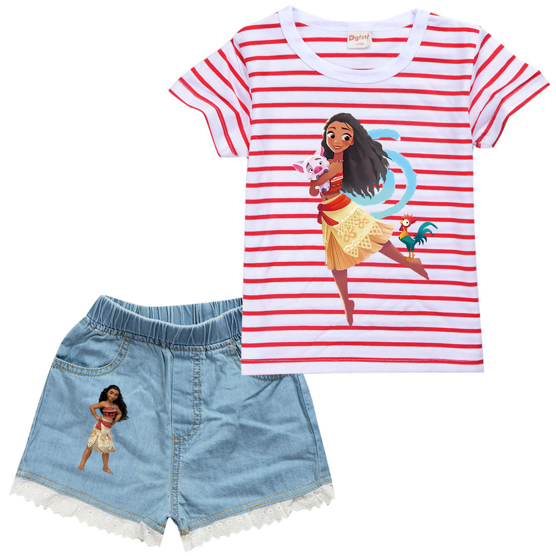 海洋奇缘Moana女童T恤牛仔短裤夏季卡通条纹短袖半袖上衣套装公主