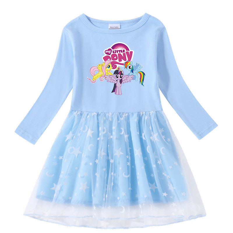 小马宝莉紫悦连衣裙纯棉宝宝2024秋卡通星星月亮长袖纱裙薄款女童