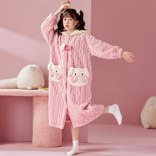 hellokitty女童睡袍长款睡衣连帽加厚加绒秋冬家居服套装母女2024