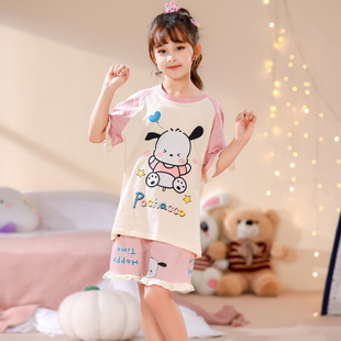 帕恰狗Pochacco纯棉女童睡衣夏季短袖女孩大童可爱亲子母女家居服