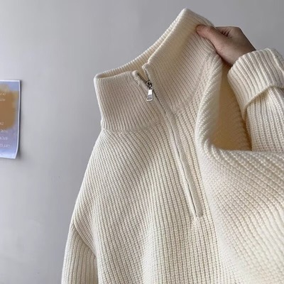 美式立领半拉链毛衣男秋冬季高级感cleanfit上衣宽松情侣针织外套