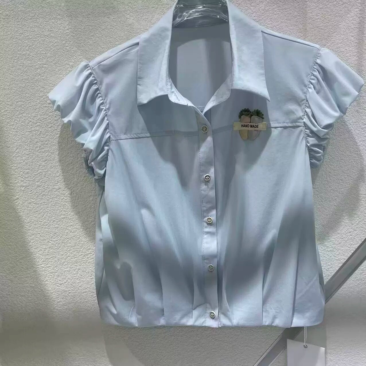韩系泡泡袖衬衫女夏季翻领蕾丝休闲风减龄显瘦百搭上衣