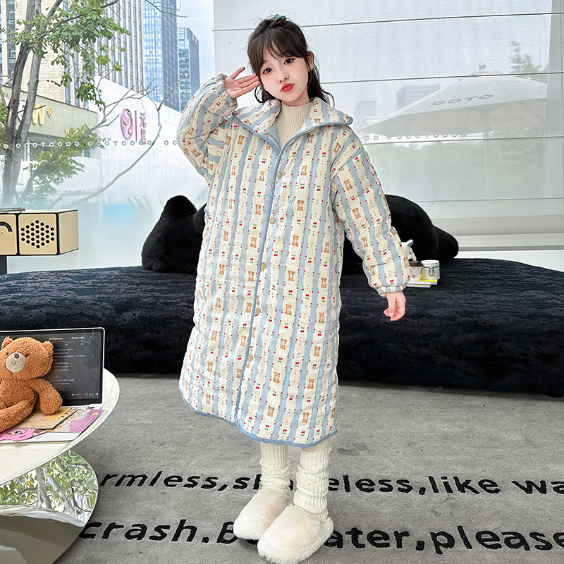 中大女童三层夹棉家居服睡衣冬季外穿加厚儿童保暖家居服睡袍外套
