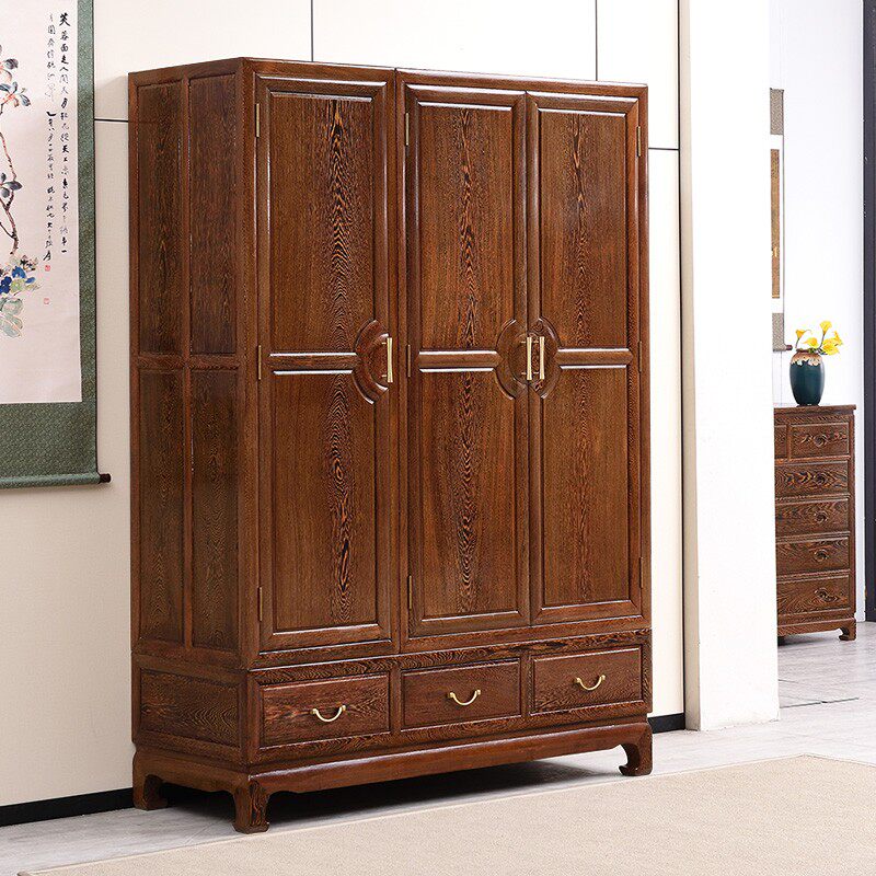 红木衣柜三门红木衣橱实木素面高档家具鸡翅木中式明清仿古顶箱柜