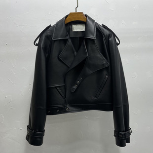 欧洲站宽松休闲真皮杨树林皮衣女绵羊皮夹克廓肩机车短款外套