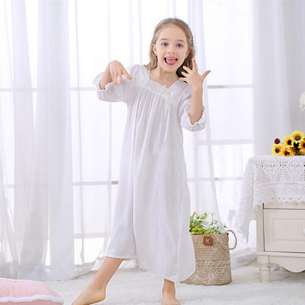 2020女童七分袖韩版长款梭织纯棉睡裙中大童女孩睡衣家居服可外穿