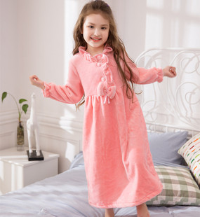 女童秋冬珊瑚绒中大童双面绒法兰绒不掉毛可爱公主睡衣睡裙家居服