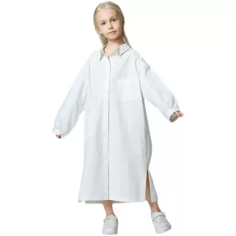 女童长袖春秋季纯棉POLO领衬衫长款欧美大牌通知衬衣连衣裙睡裙