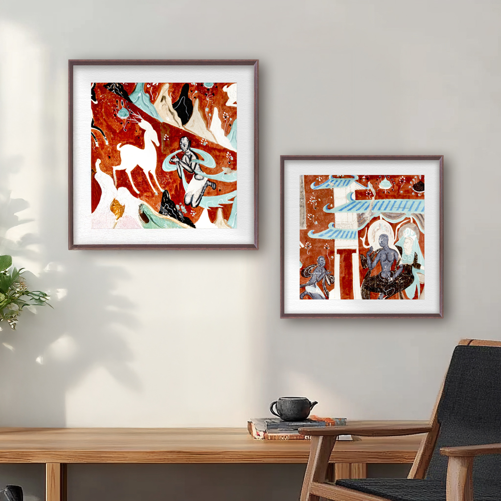 敦煌九色鹿新中式挂画茶室别墅玄关壁画斗柜墙小众吉祥方形装饰画图片