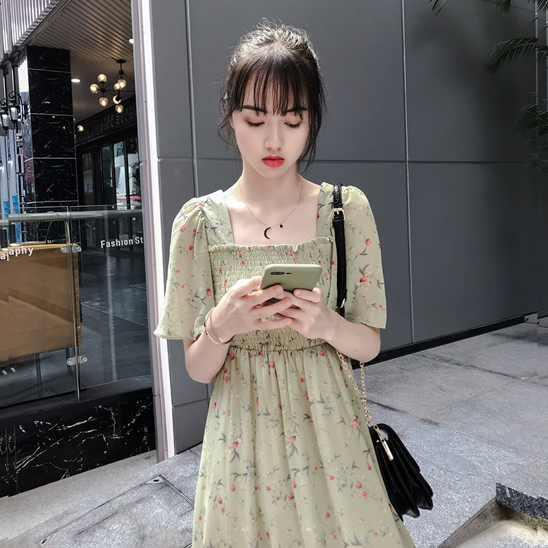 Phụ nữ 2021 đầu mùa hè thủy triều bơ màu xanh lá cây váy hoa của phụ nữ cổ vuông voan váy dài tay ngắn váy của phụ nữ Mori - Váy dài