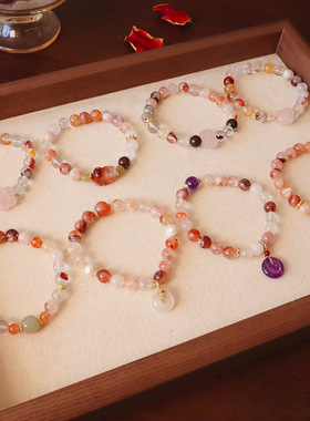 新中式天然水晶手链多宝串珠手串女小众高级感粉水晶红胶花手链