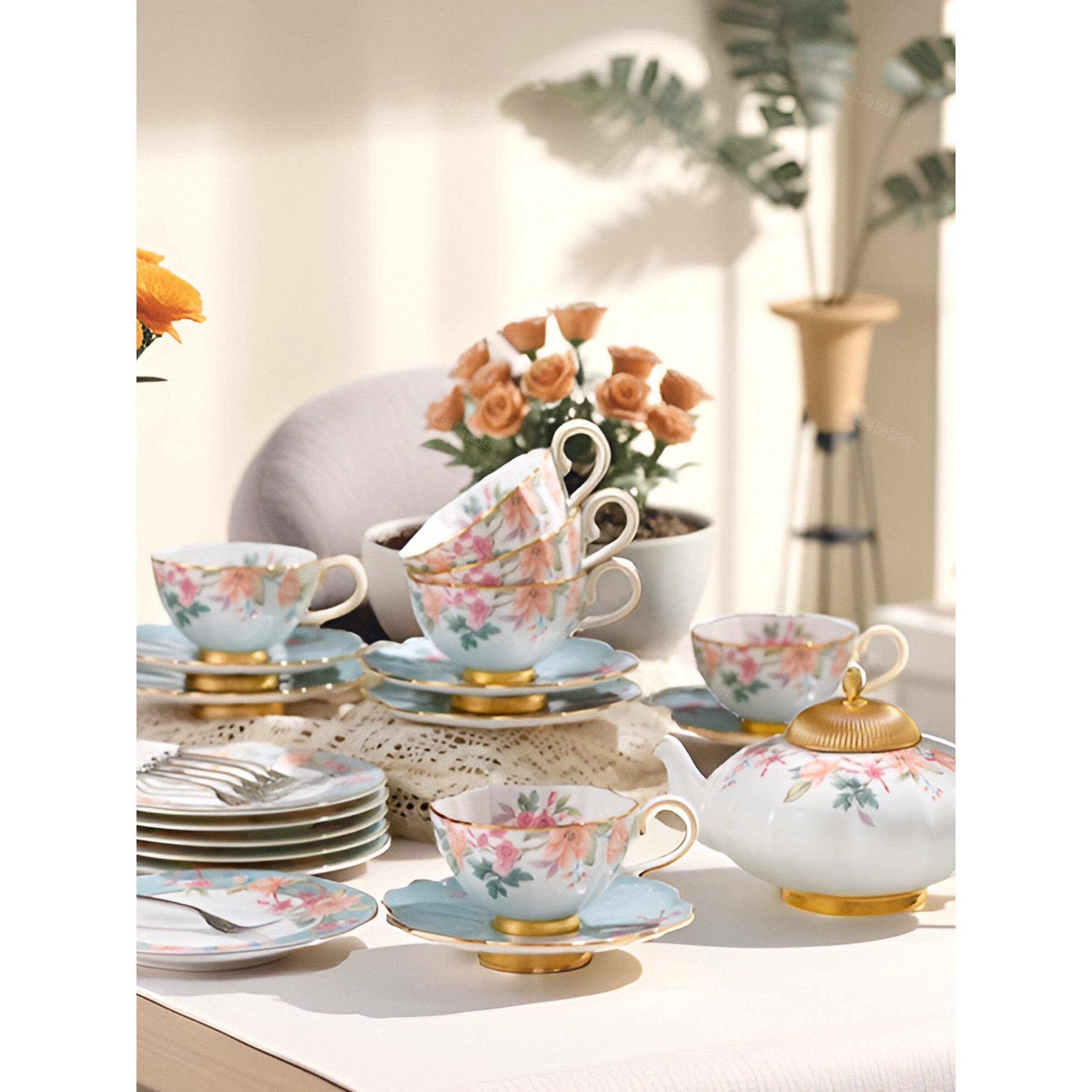 国瓷永丰源铂金青花天青时代10/26头茶具咖啡具30/62头餐具乔迁礼
