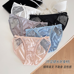 低腰贴身透气亲肤少女蝴蝶结纯欲内裤 缎面丝滑性感网纱三角裤 法式