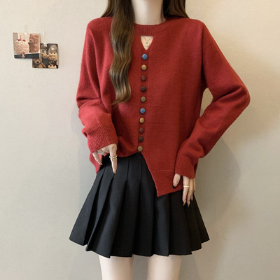 安可拉红色针织衫毛衣大码女装2025秋冬新款胖mm打底衫彩色扣上衣