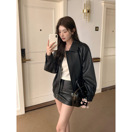 九田樱子黑色PU皮衣外套机车服韩版宽松时尚高级软皮复古夹克上衣
