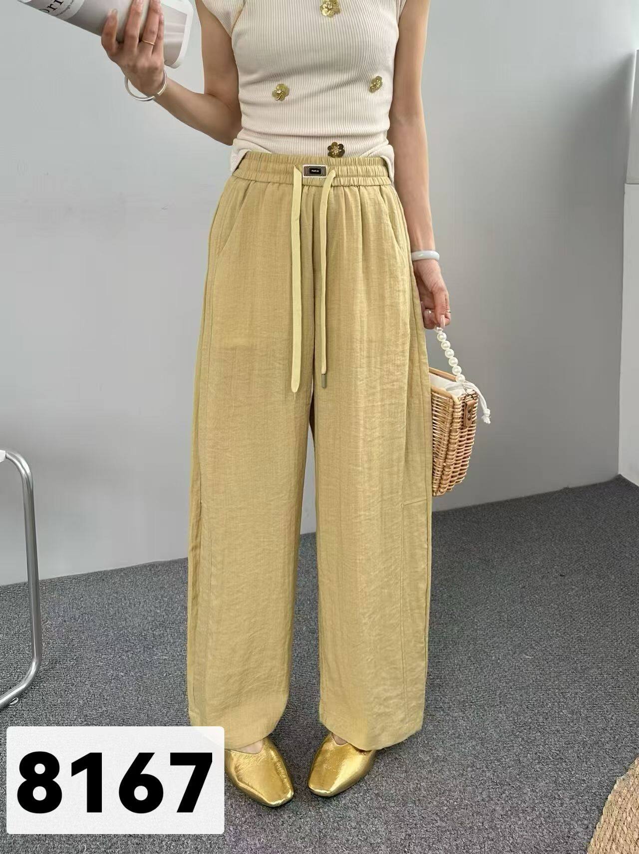 2026新款糯米亚麻裤女宽松慵懒风抽绳高腰山本裤垂坠感长裤浅黄色