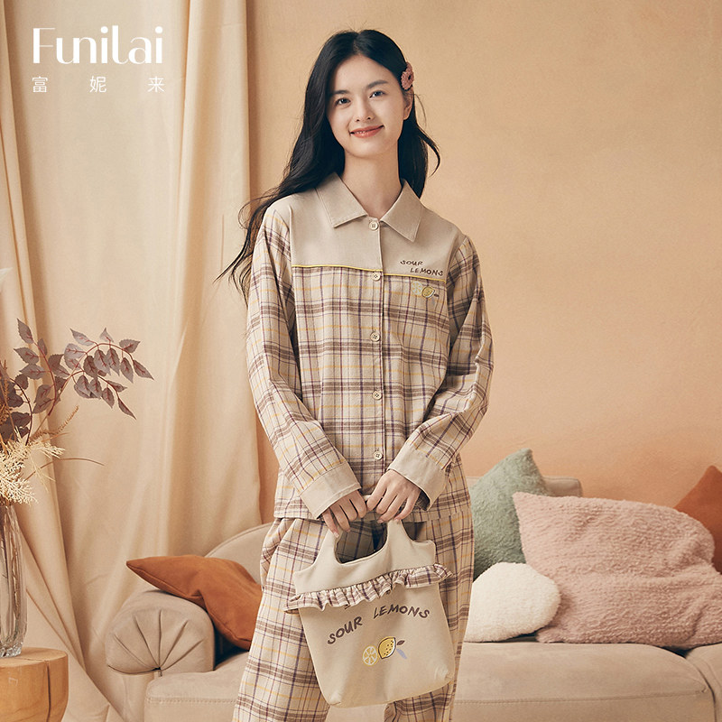 富妮来田园格纹睡衣女新款宽松舒适透气睡裤纯棉可外穿家居服套装