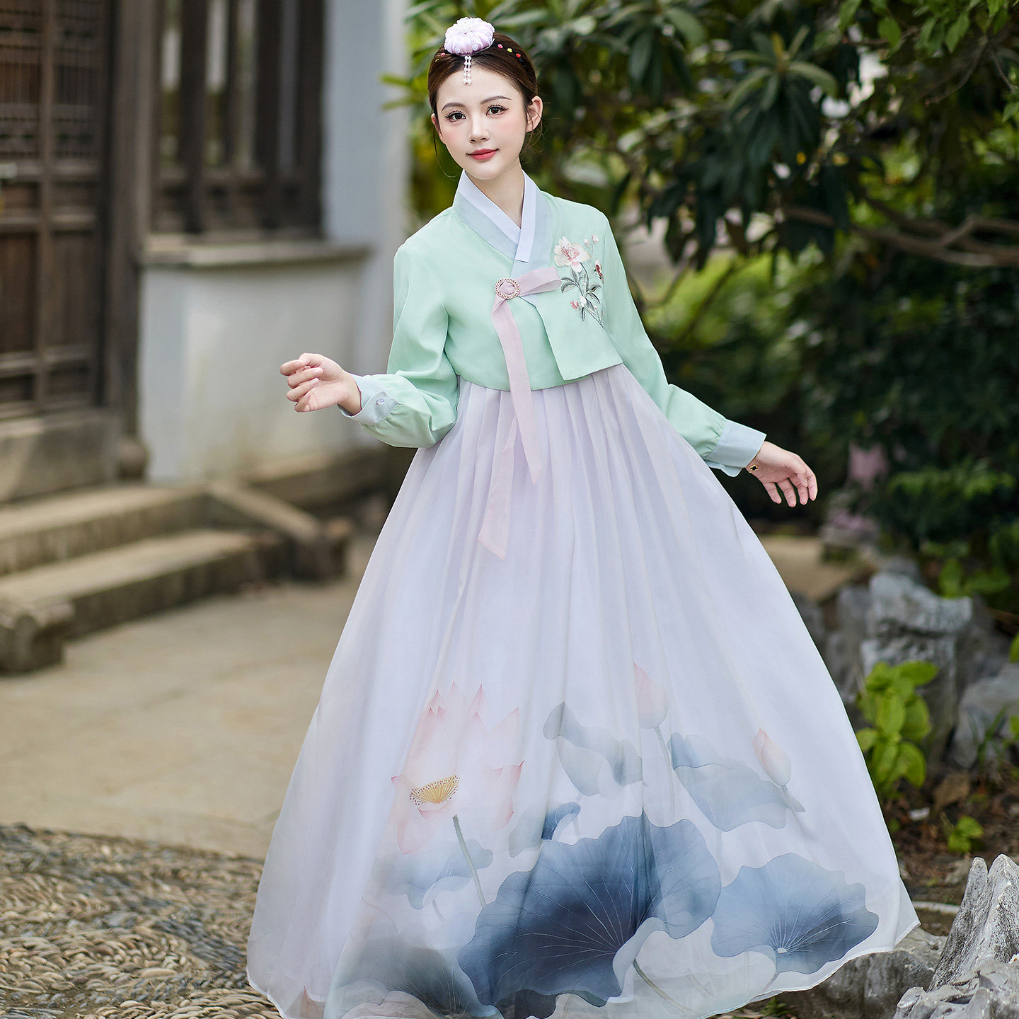 女款韩服印花长裙旅拍舞蹈演出服