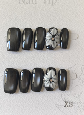 黑色玻璃珠猫眼雕花纯手工短款穿戴甲秋冬高级感小众显白成品甲片