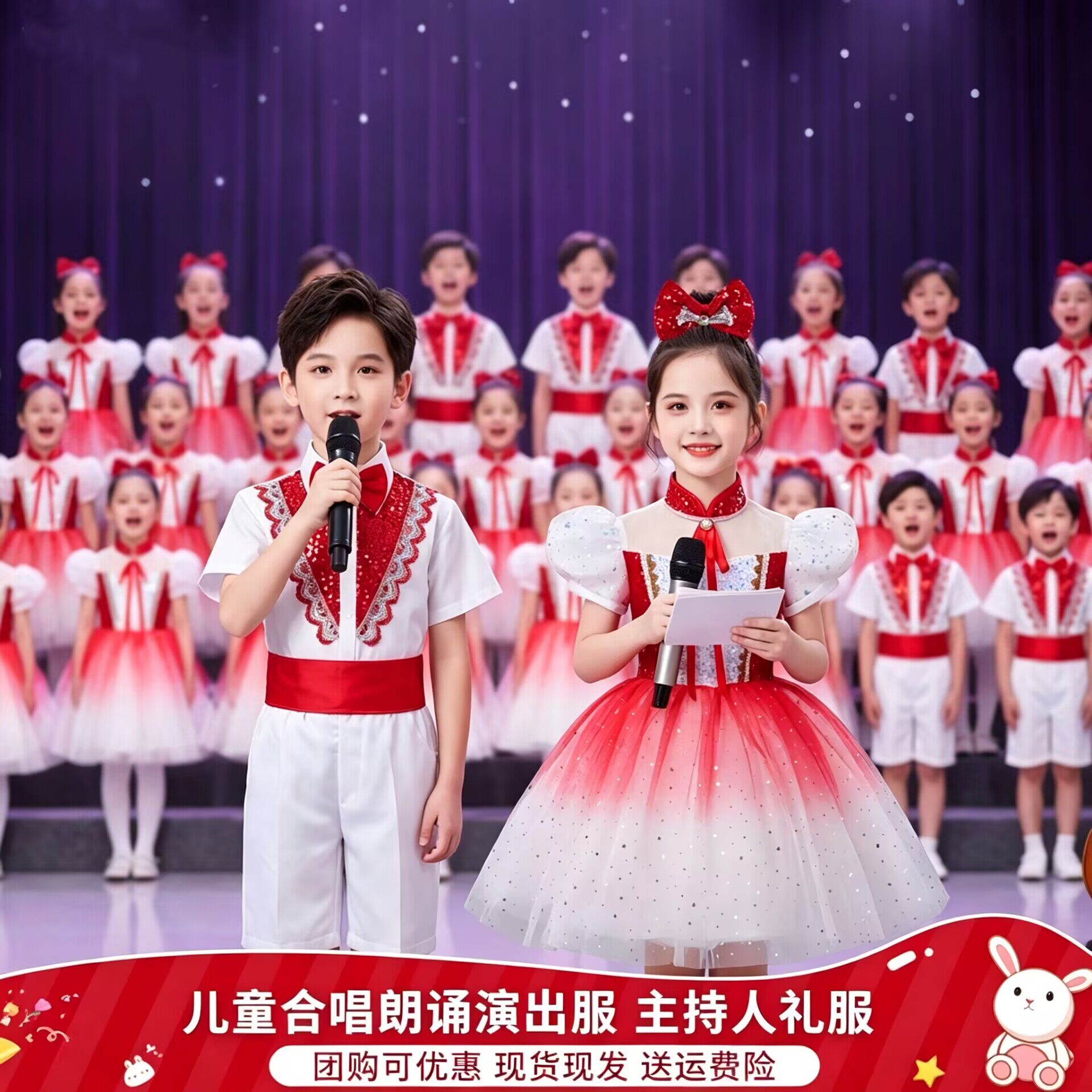 祖国有我儿童合唱演出服小学生红歌朗诵比赛表演服红色亮片蓬蓬裙