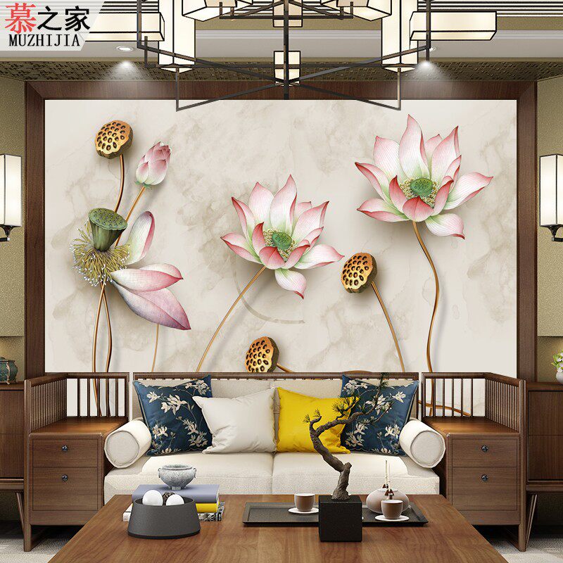 立体浮雕荷花电视背景墙无缝壁画 大理石纹底莲花16d电视背景墙纸