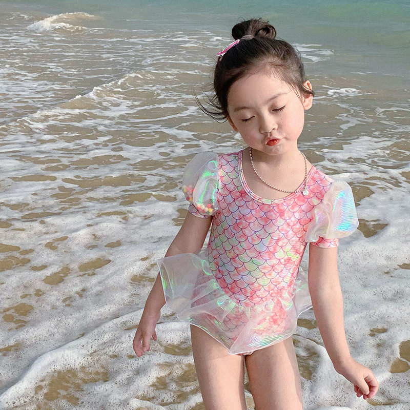 新款女童泳衣儿童可爱洋气泡泡袖美人鱼宝宝游泳衣连体纱裙泳装潮