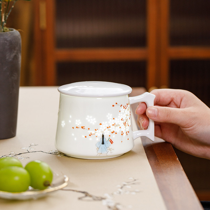 景德镇玲珑茶杯陶瓷马克杯茶水分离办公室过情侣男女水杯咖啡杯
