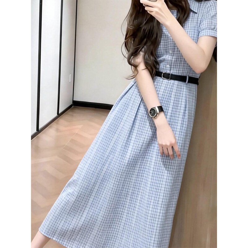 法式蓝色格子衬衫连衣裙女2026夏季新款超好看独特漂亮收腰长裙子