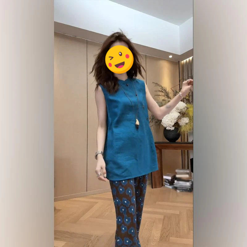 松弛感穿搭两件套装女欧美显气质纯色百搭上衣高腰遮胯印花裤子潮