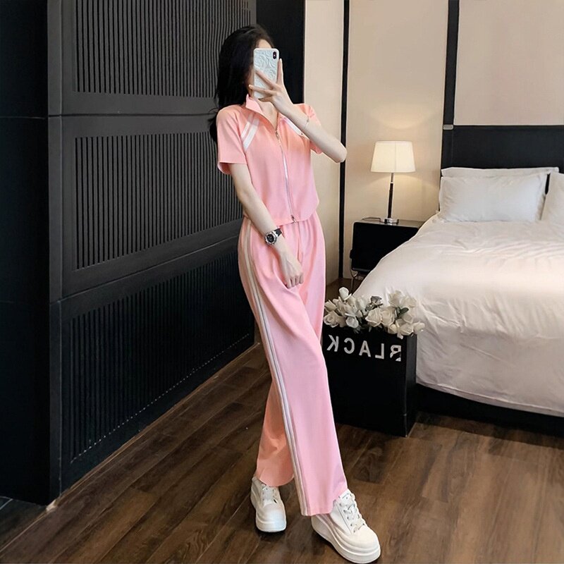欧货爆款时尚运动套装女夏2025新款休闲减龄气质短袖阔腿裤两件套