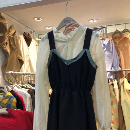 韩版纯色花边立领雪纺衬衫女+纯色高腰气质长款背带连衣裙两件套